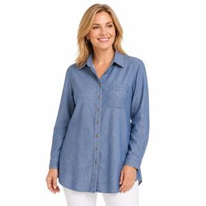 Coldwater Creek Tunic Shirt Womens Small Blue Chambray Collared Button Front Top